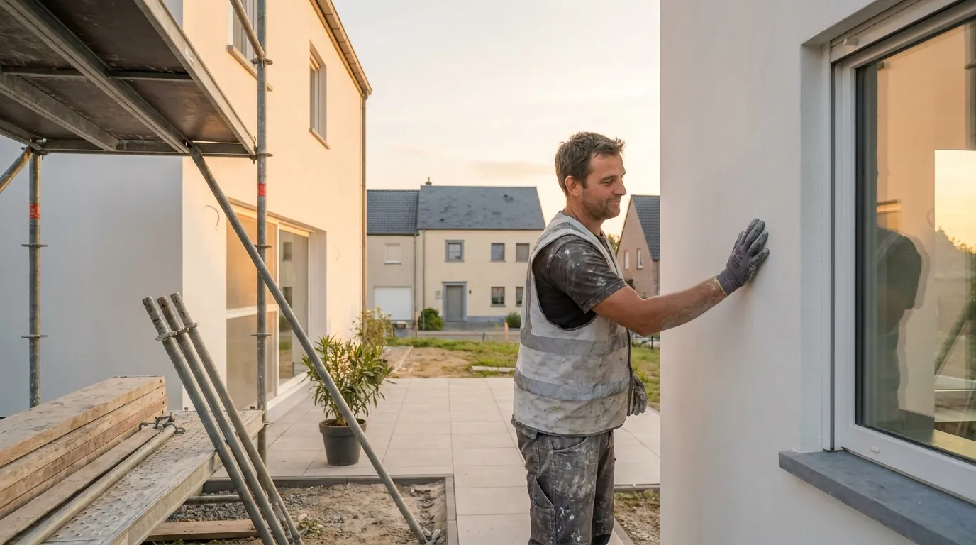 Vakman controleert de afwerking van een gevel