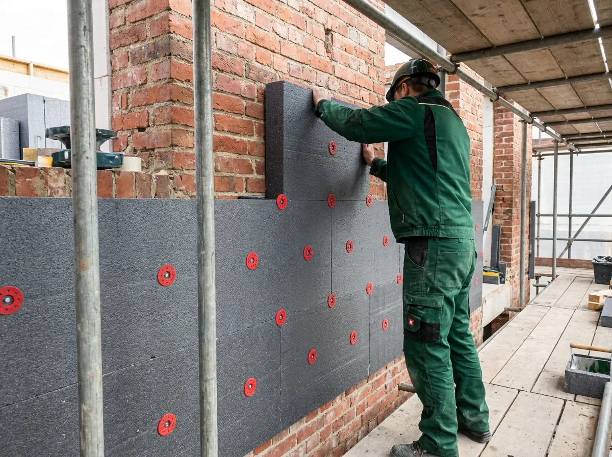 Vakman plaatst isolatieplaten op een buitengevel