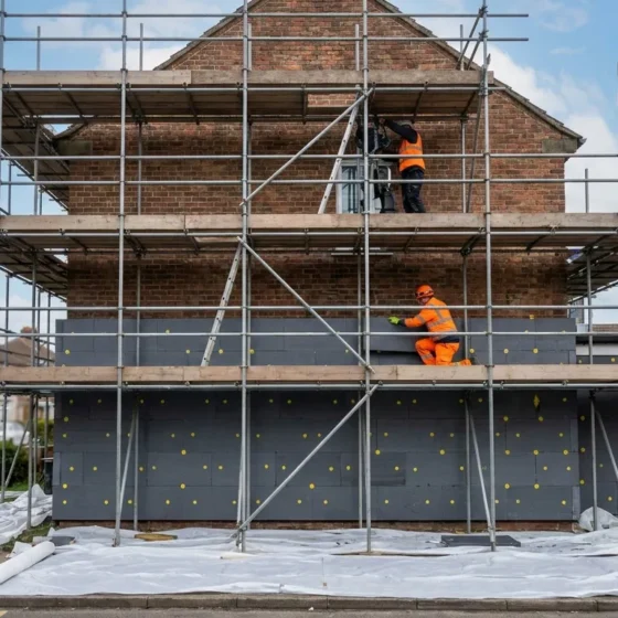 Woning in de stelling tijdens gevelisolatiewerken