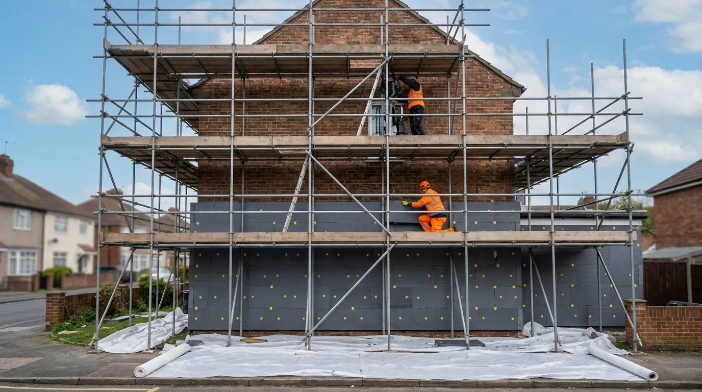 Woning in de stelling tijdens gevelisolatiewerken